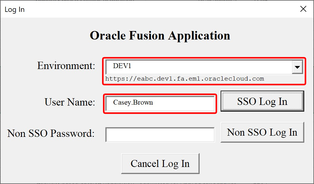 Login User - Simplified Loader Excel for Oracle Fusion Cloud ERP